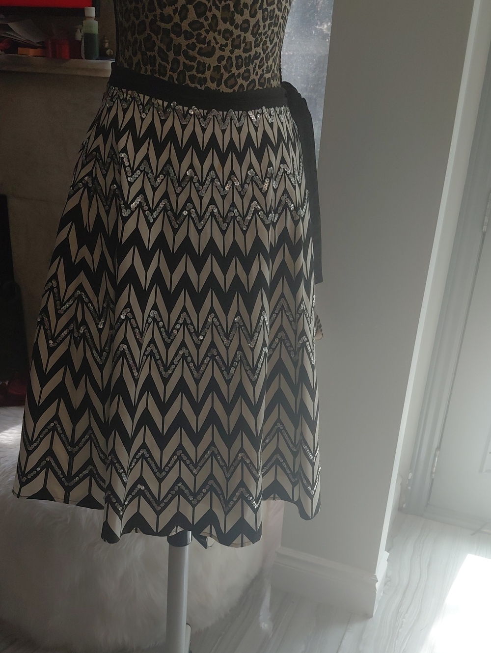Black and Cream Chevron A-Line Skirt with Sash